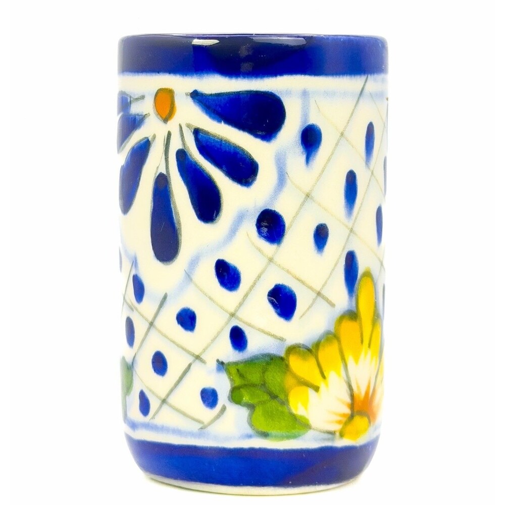 Mexican Talavera Style Pottery Tumbler Cup Hand Painted Blue Floral Mexico